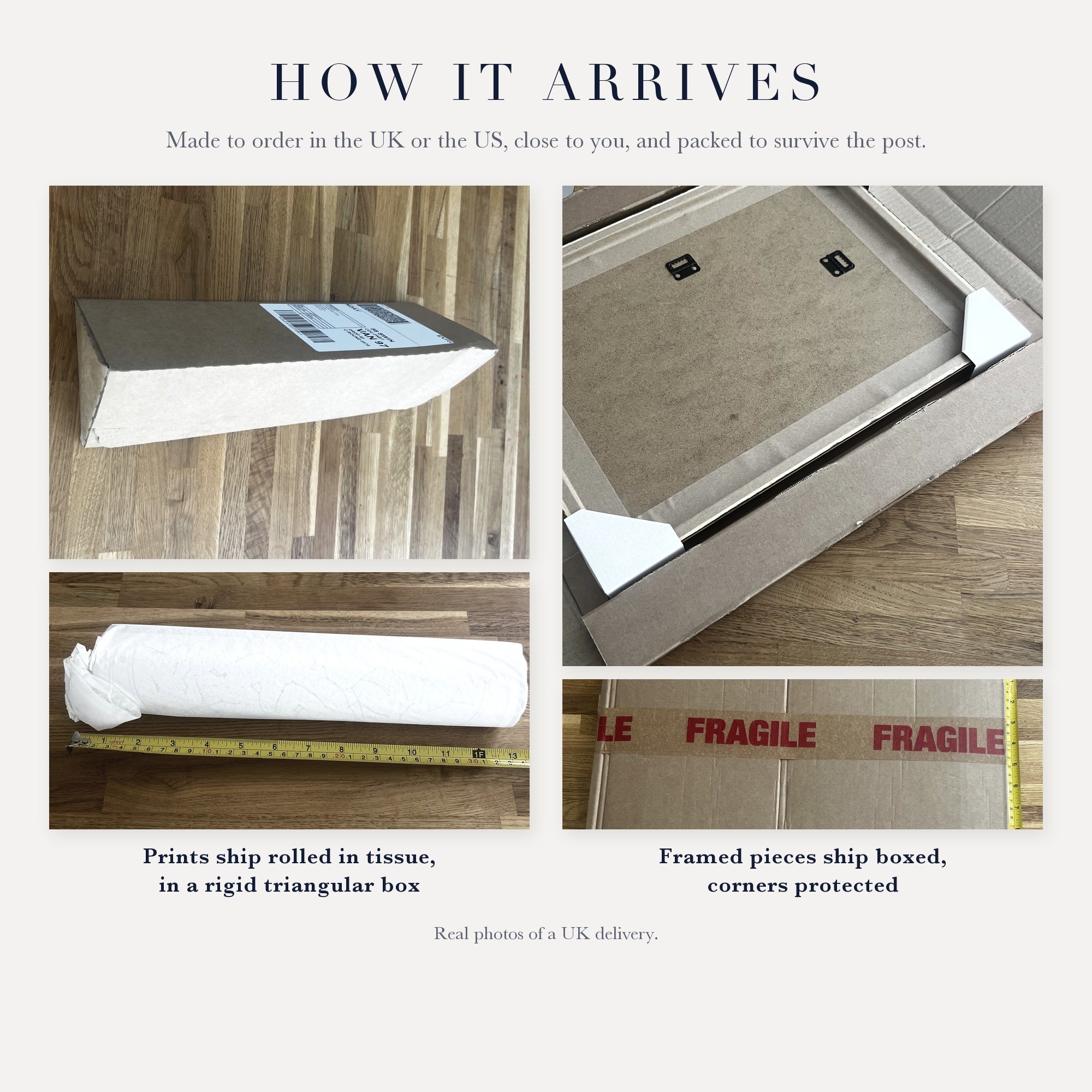 Real photos of a UK delivery: prints rolled in tissue in a triangular box, framed pieces boxed with protected corners