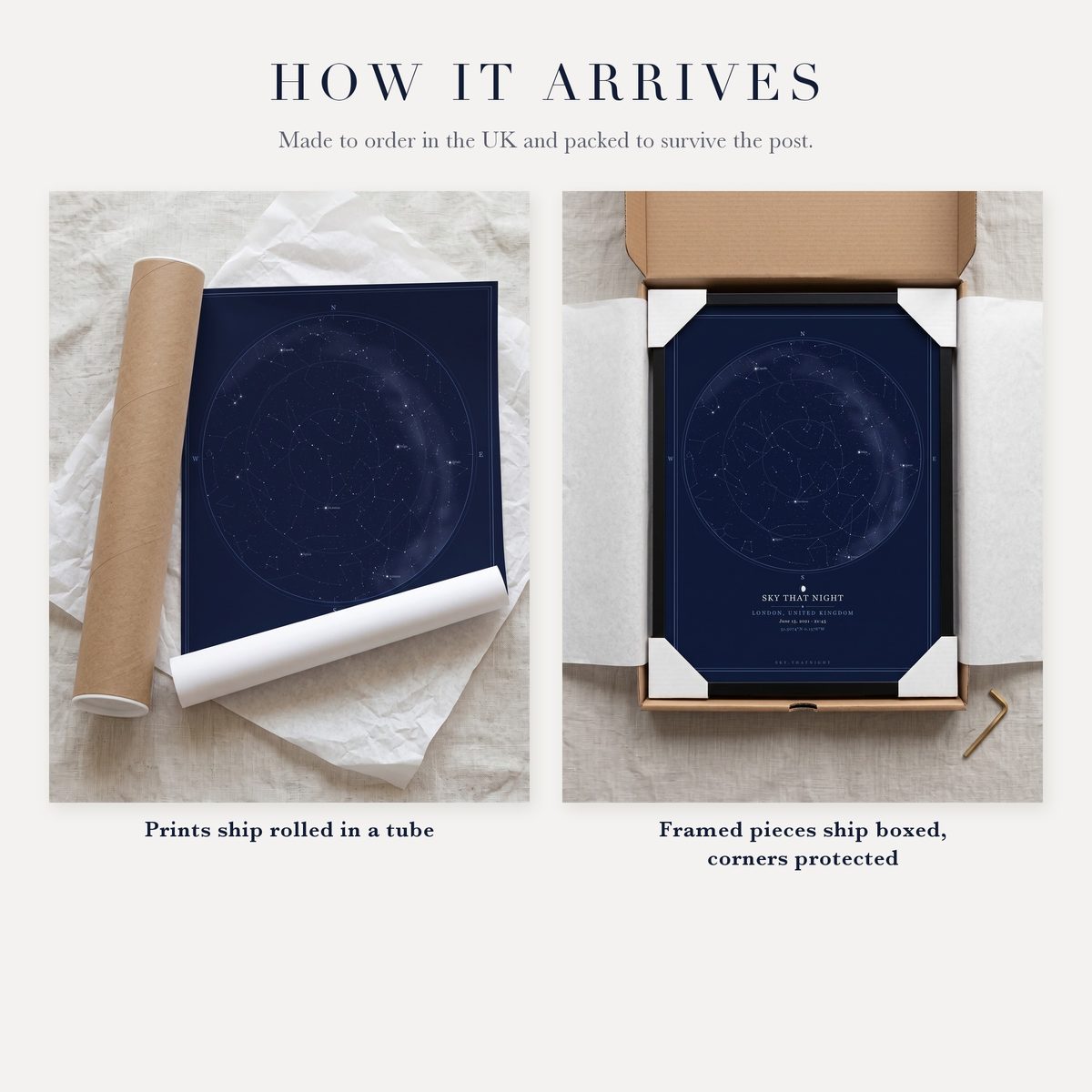 Prints ship rolled in a tube, framed pieces boxed with protected corners