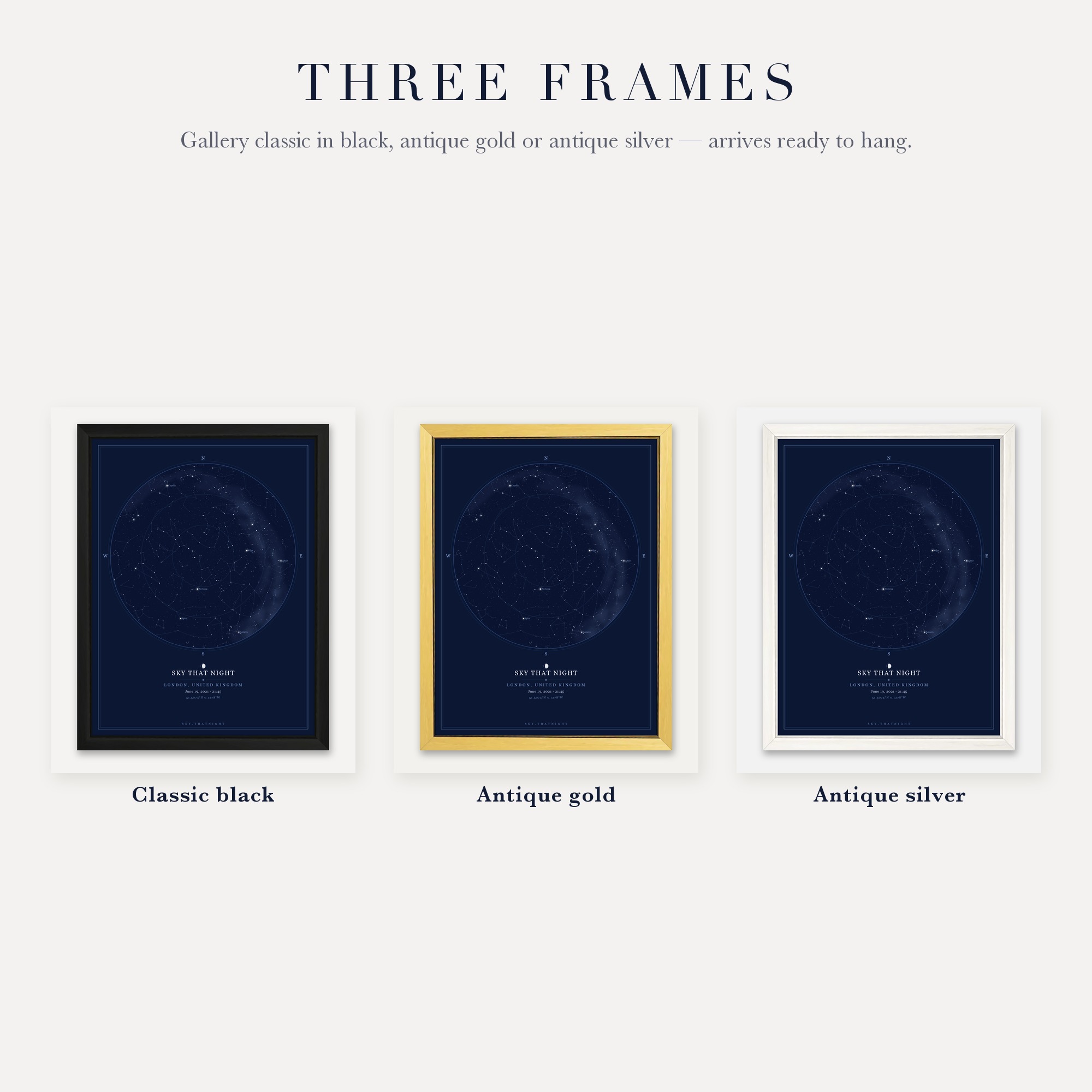Gallery classic frames in black, antique gold or antique silver for a personalised star map
