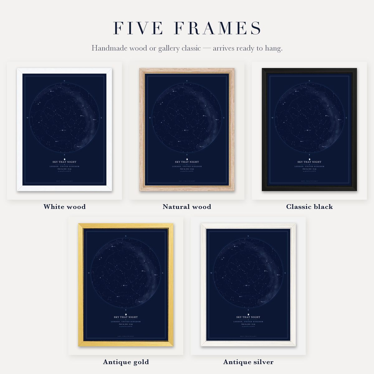 Handmade wood and gallery classic frames for a personalised star map