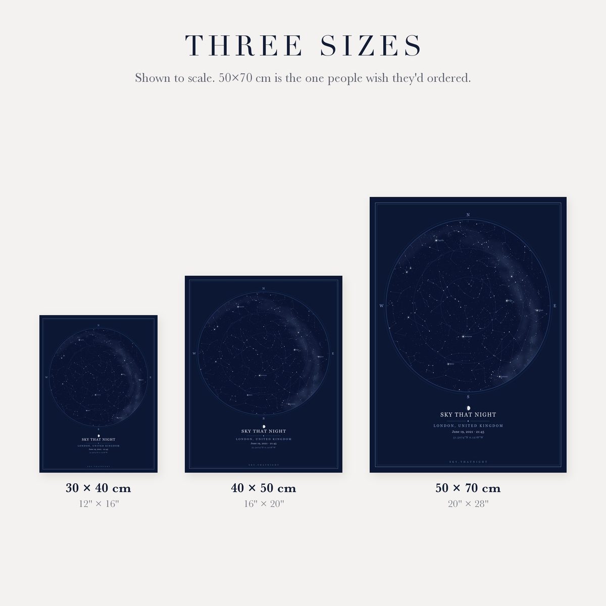 Star map print sizes shown to scale — 30×40, 40×50 and 50×70 cm