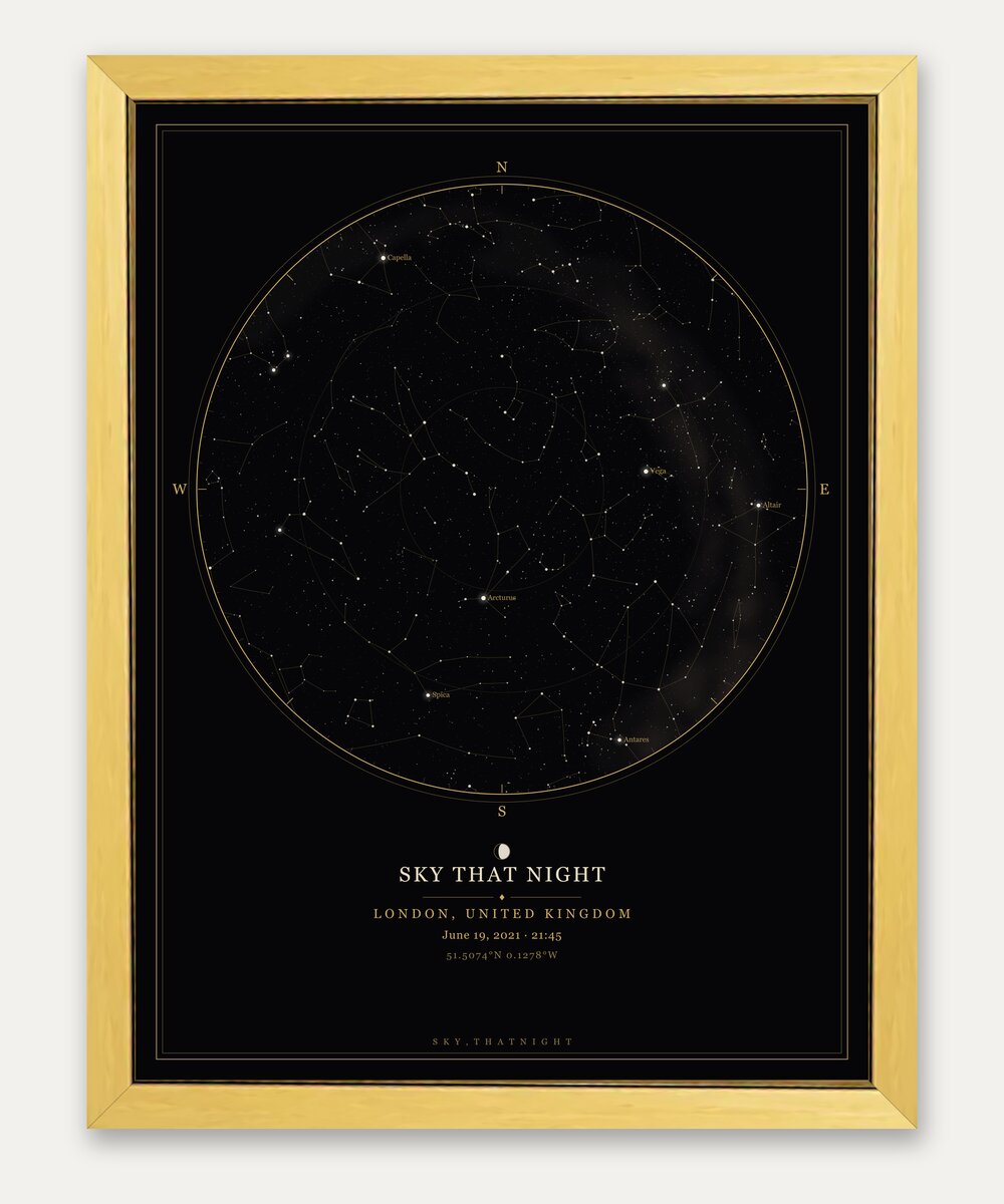 Noir star map in an antique gold classic frame