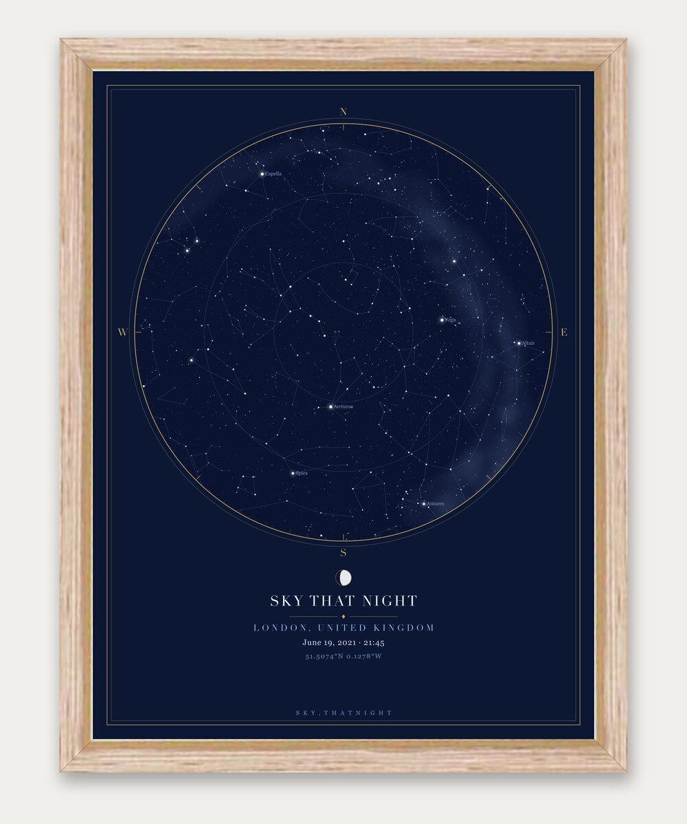 Luxe gold star map in a natural wood frame