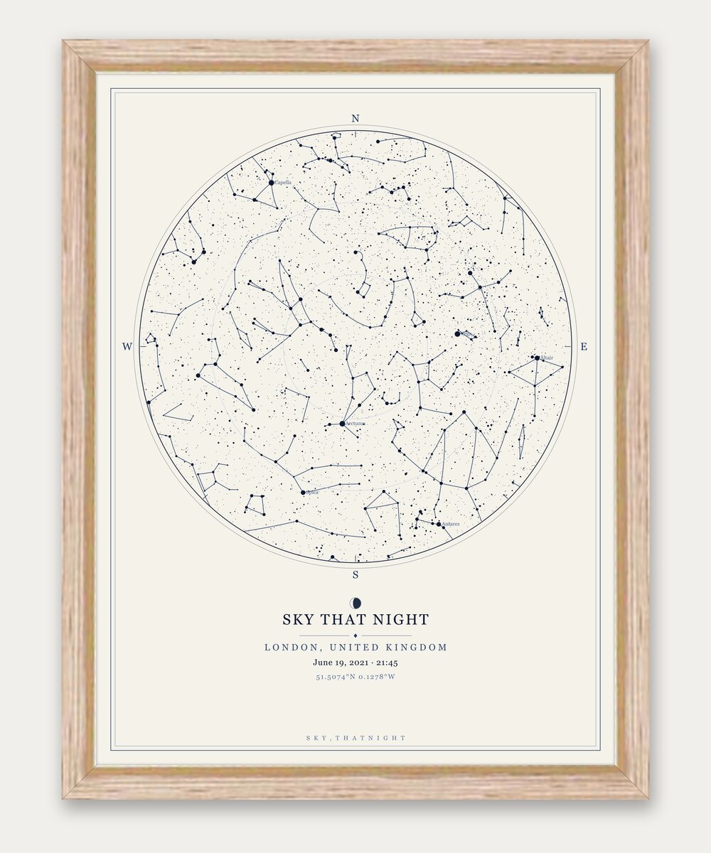 Porcelain star map in a natural wood frame
