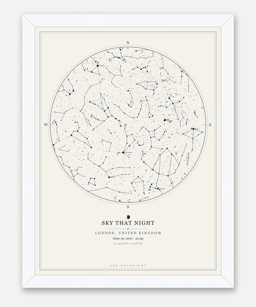 Porcelain star map in a handmade white wood frame